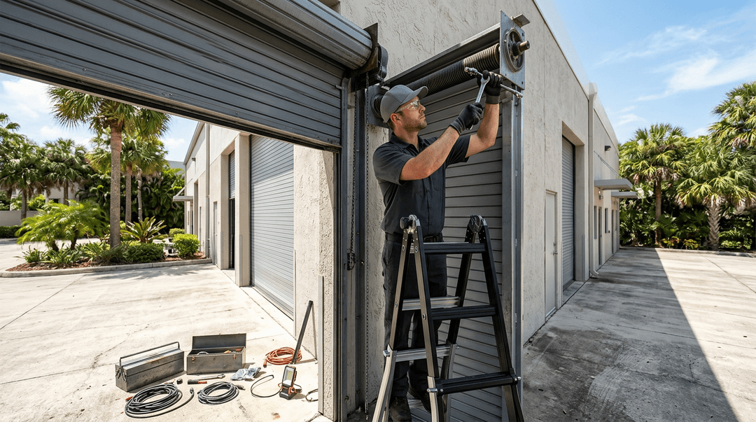 Technician responding to an emergency commercial garage door repair in Florida