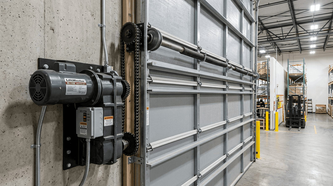 Industrial garage door opener mounted on a commercial door