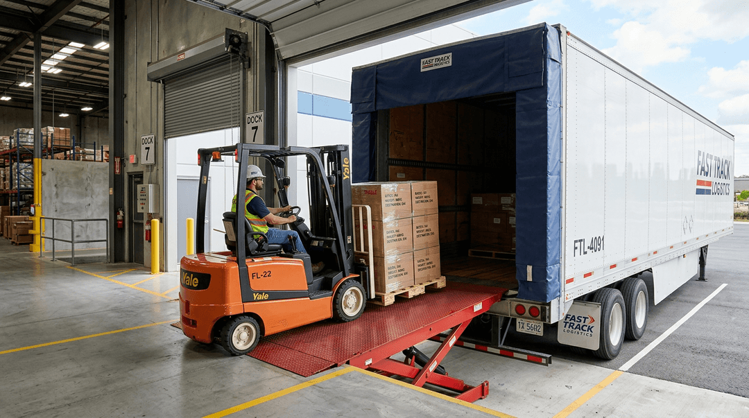 Loading dock with leveler and dock seal in use